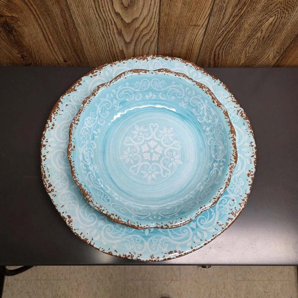 Cynthia Rowley Large Blue Melamine Serving Platter & Bowl Set Floral Farmhouse